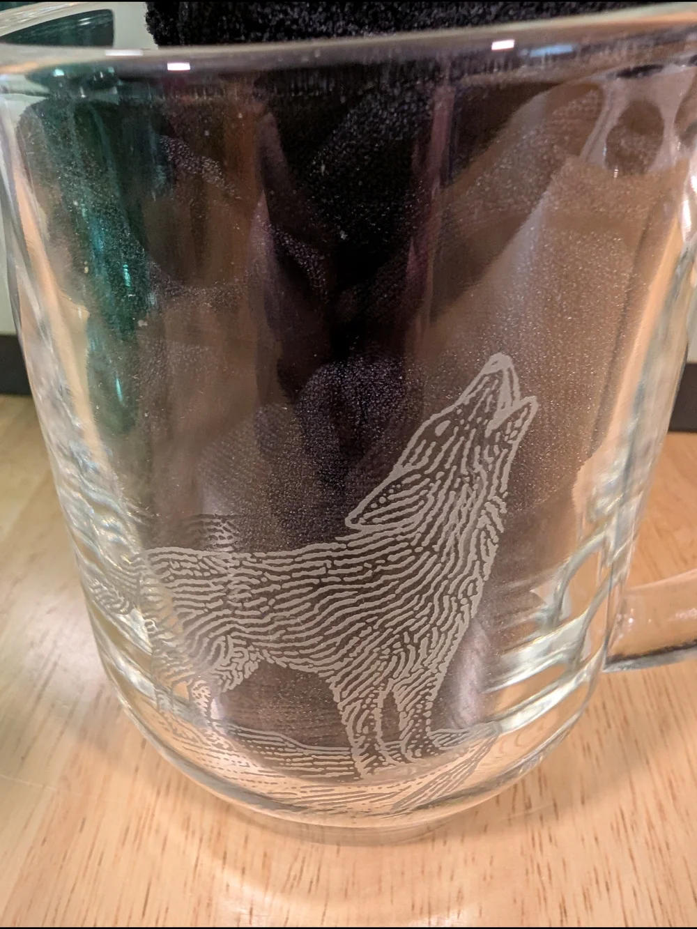 Clear Glass Coffee Mug with Etched Wolf Design